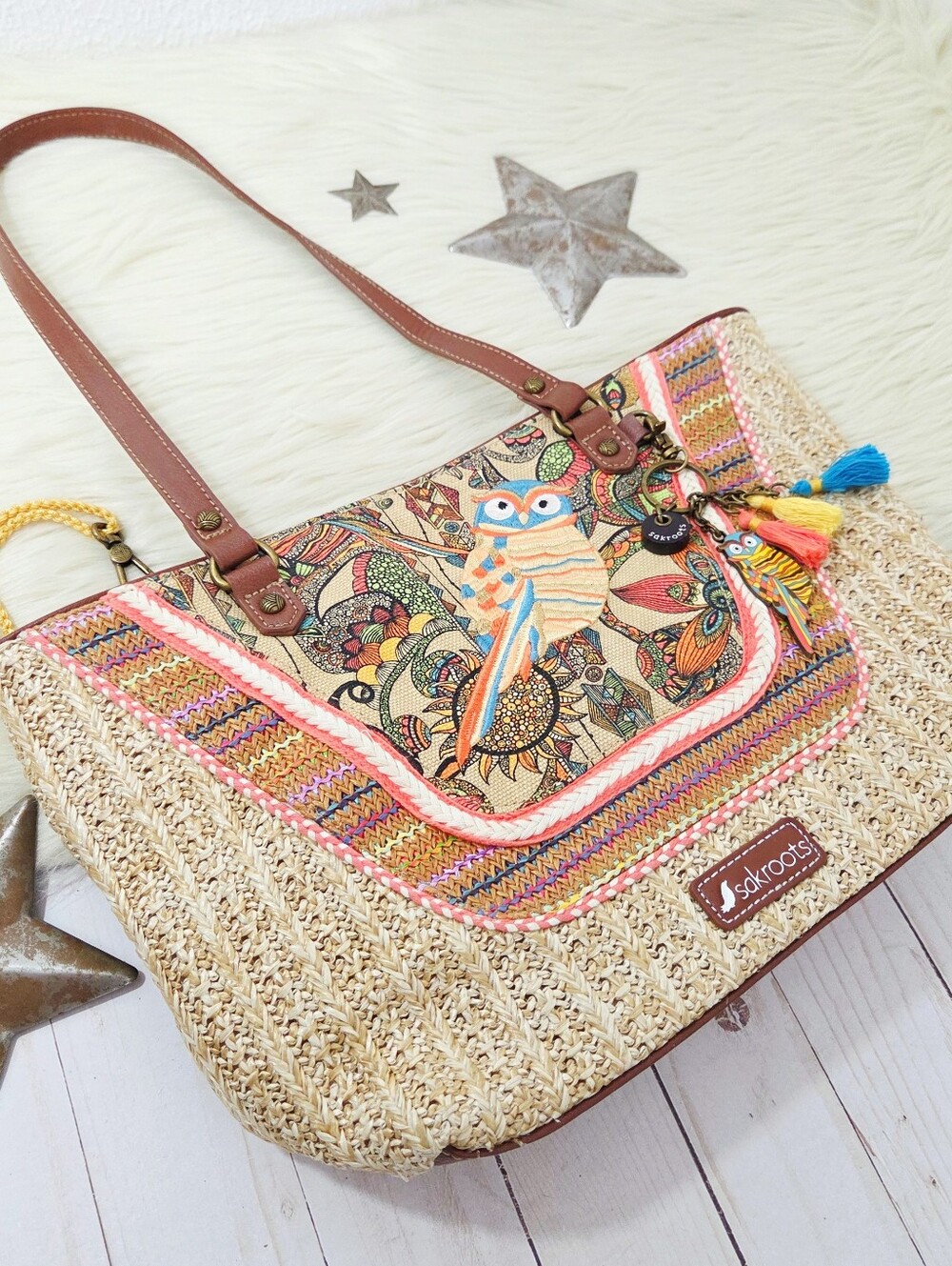 Sakroots Wild At Heart Owl embroidered jute Tote Bag handbag boho purse - Picture 2 of 7